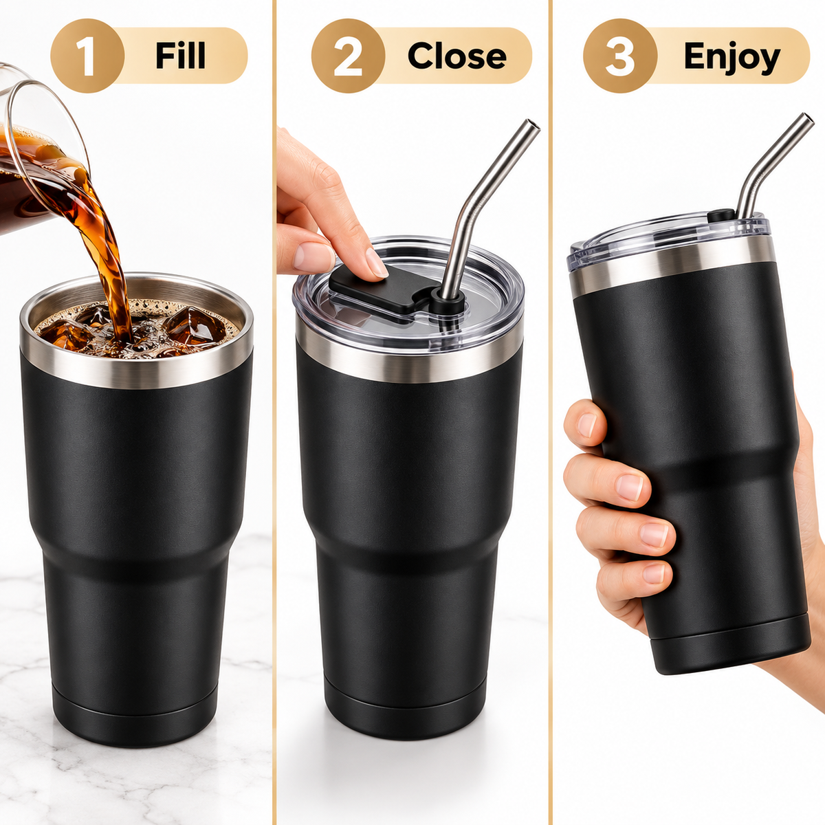 Carewellin Travel Tumbler Gift Set – Black Coffee Cup with Metal Straw