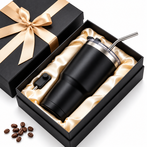 Carewellin Travel Tumbler Gift Set – Black Coffee Cup with Metal Straw