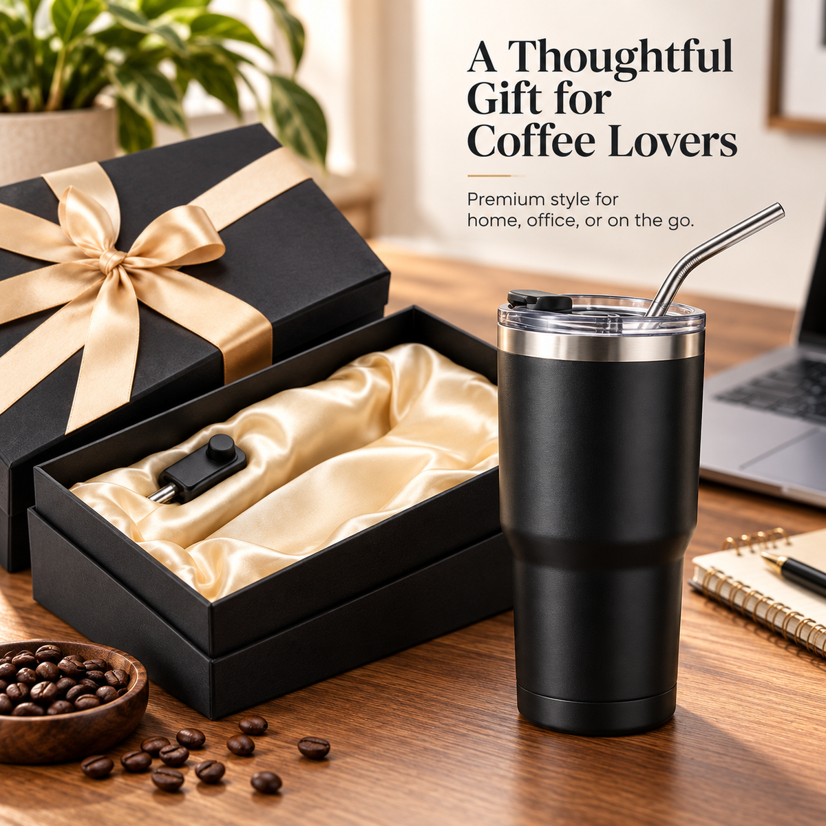 Carewellin Travel Tumbler Gift Set – Black Coffee Cup with Metal Straw