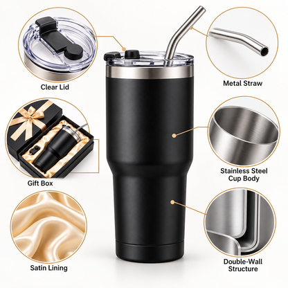 Carewellin Travel Tumbler Gift Set – Black Coffee Cup with Metal Straw