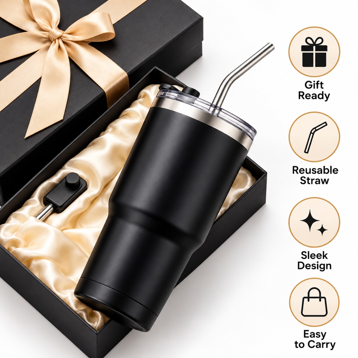 Carewellin Travel Tumbler Gift Set – Black Coffee Cup with Metal Straw