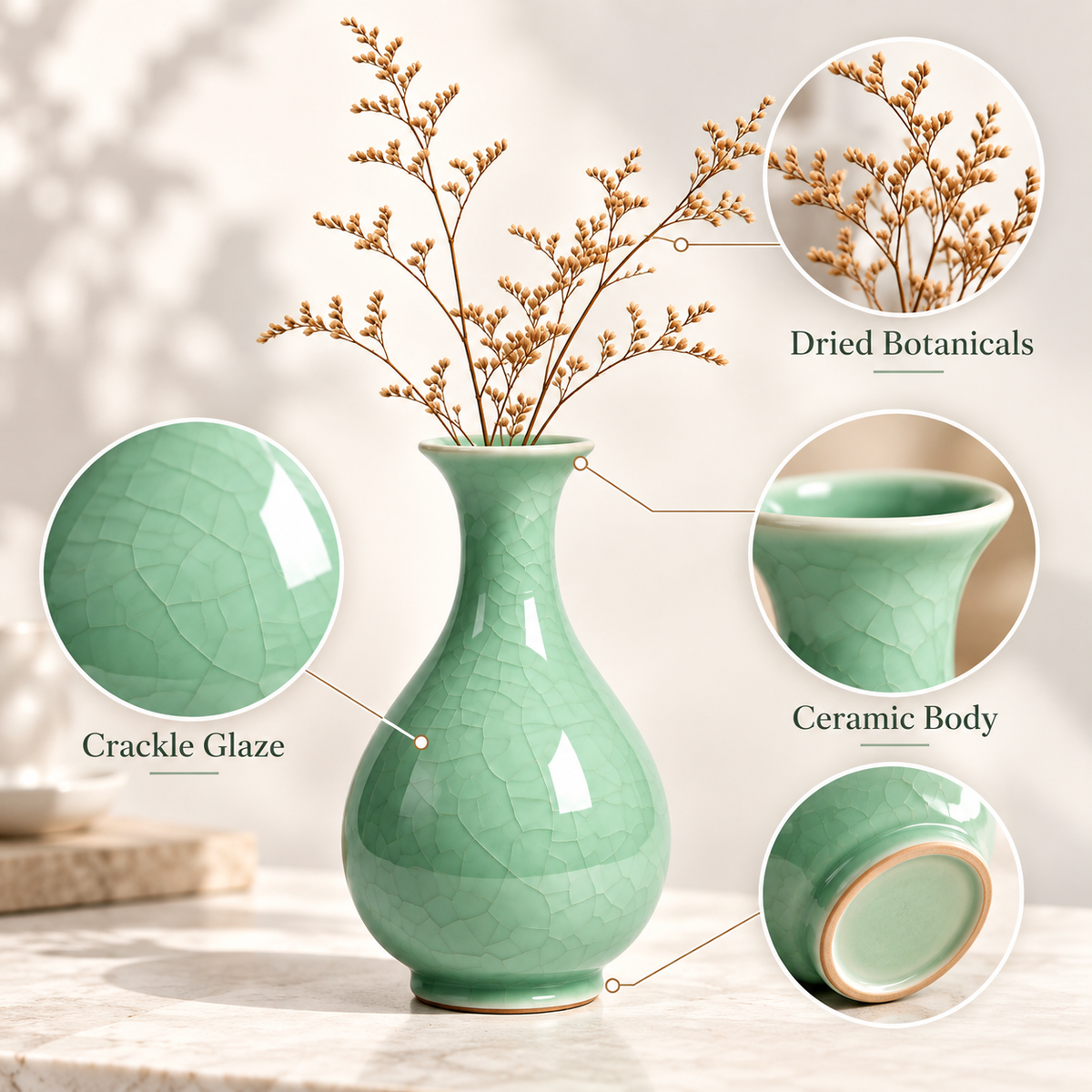 Carewellin Green Crackle Glaze Ceramic Vase Gift – Decorative Home Accent