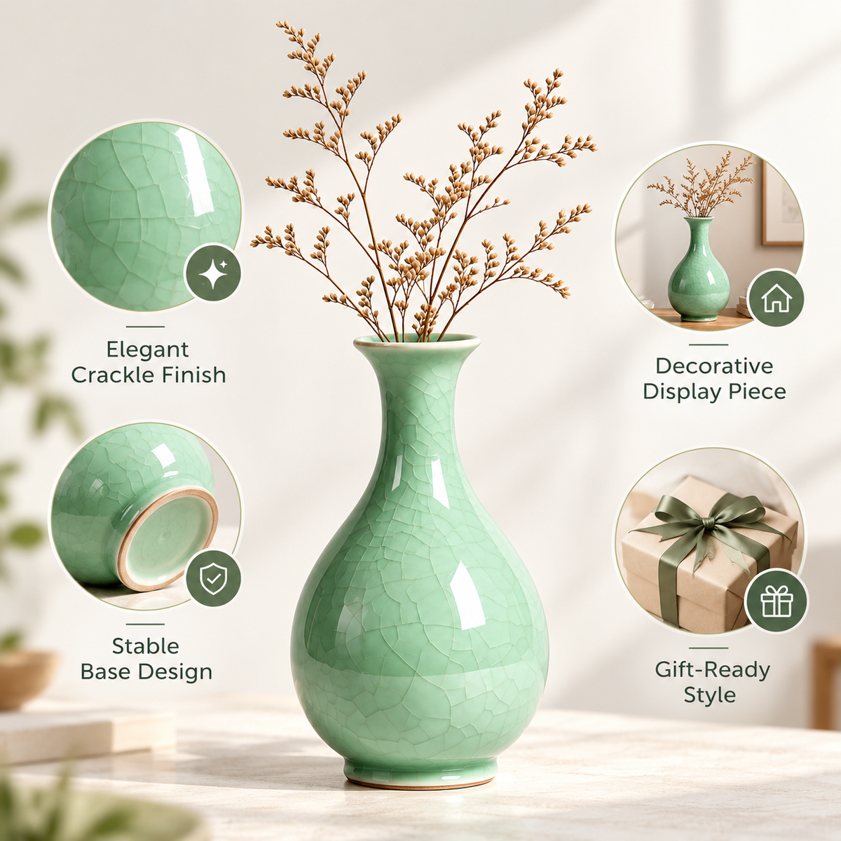 Carewellin Green Crackle Glaze Ceramic Vase Gift – Decorative Home Accent