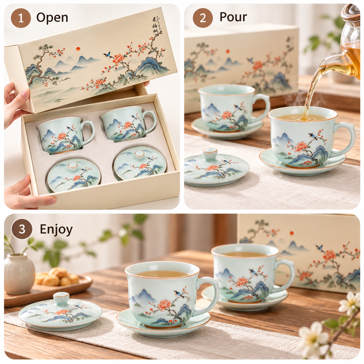 Carewellin Oriental Landscape Ceramic Tea Gift Set – Decorative Tea Cup Collection