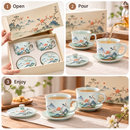 Carewellin Oriental Landscape Ceramic Tea Gift Set – Decorative Tea Cup Collection