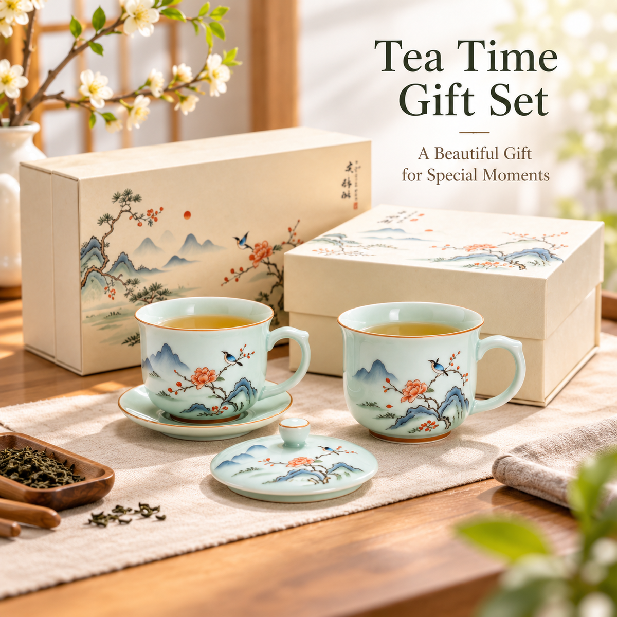 Carewellin Oriental Landscape Ceramic Tea Gift Set – Decorative Tea Cup Collection