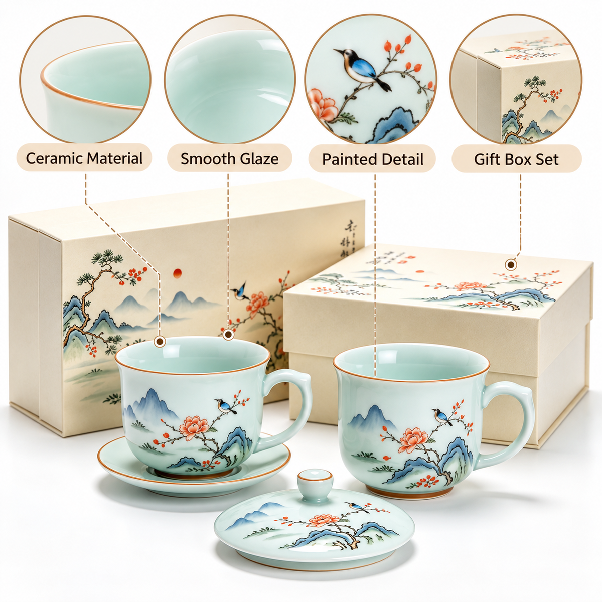 Carewellin Oriental Landscape Ceramic Tea Gift Set – Decorative Tea Cup Collection