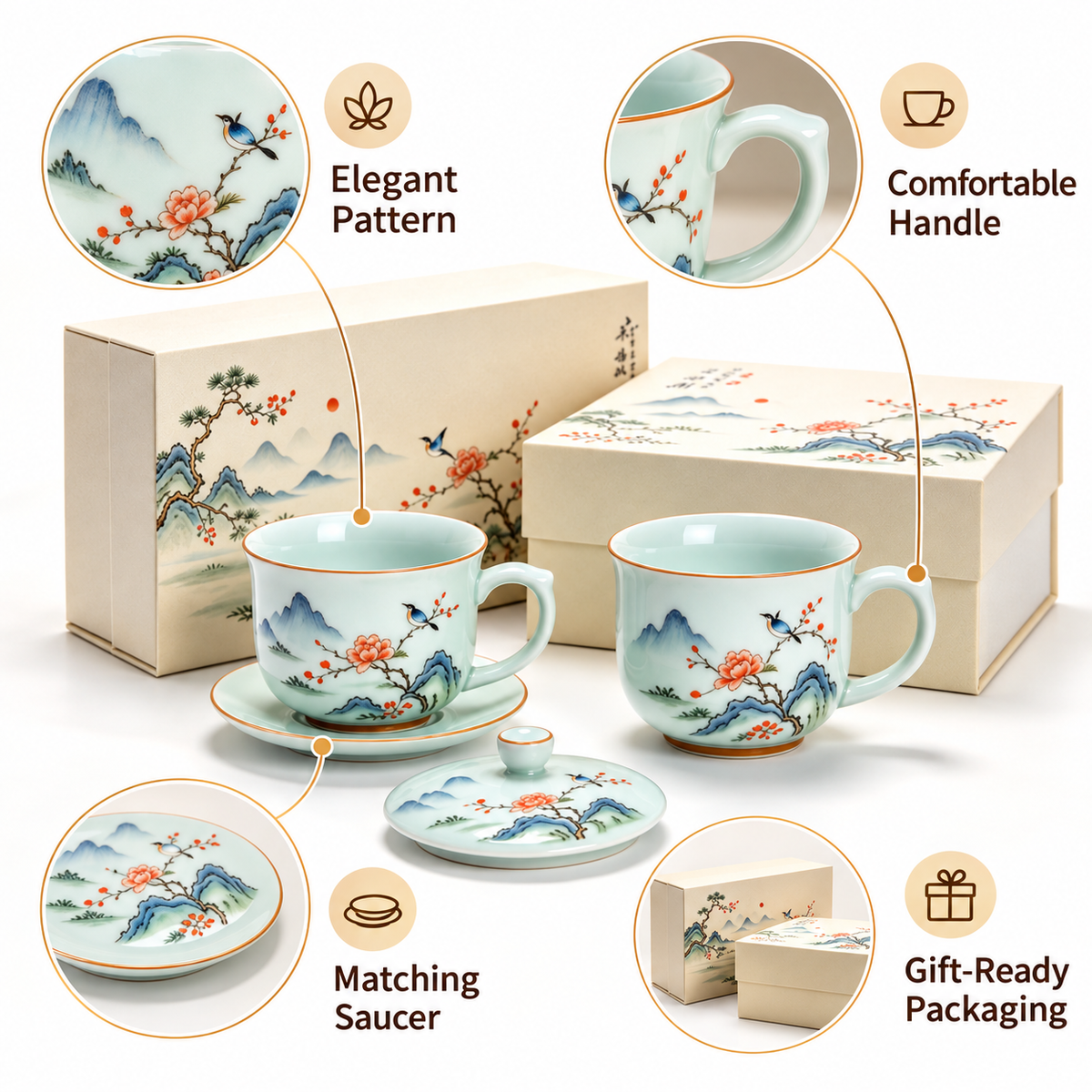 Carewellin Oriental Landscape Ceramic Tea Gift Set – Decorative Tea Cup Collection