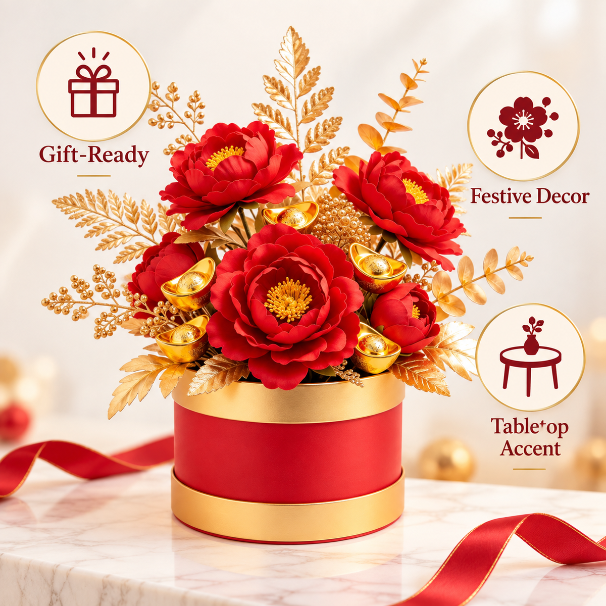 Carewellin Red Floral Gift Box Tabletop Decor