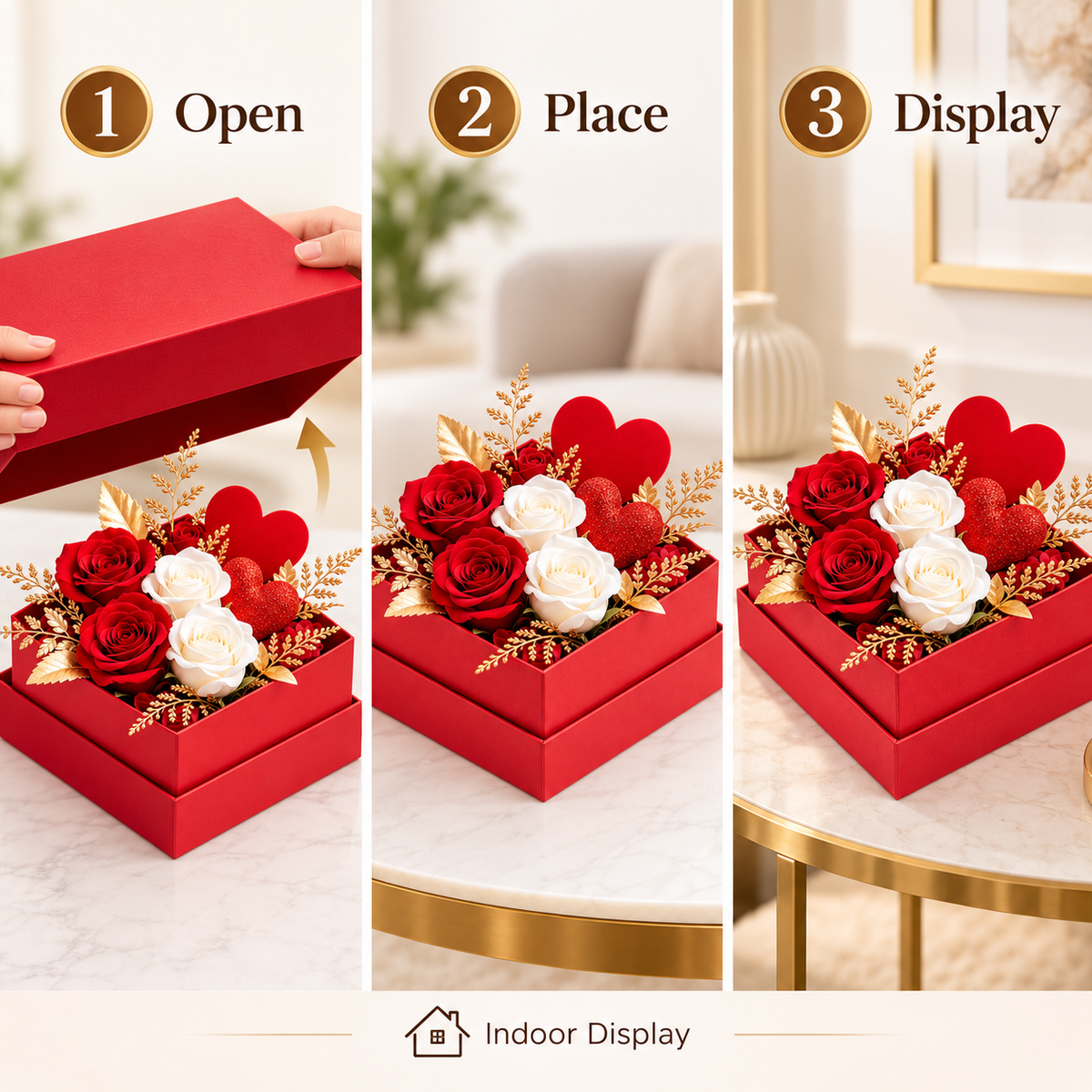 Carewellin Red & White Rose Heart Gift Box Tabletop Decor