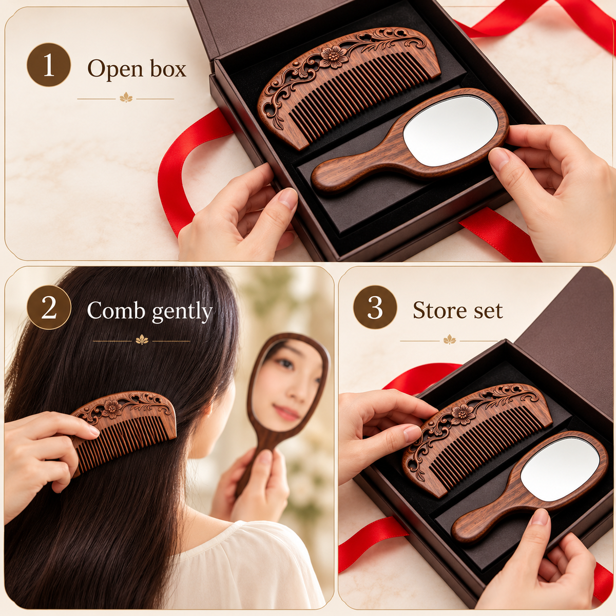 Carewellin Vintage Wooden Comb & Mirror Gift Set