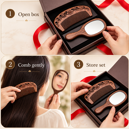 Carewellin Vintage Wooden Comb & Mirror Gift Set