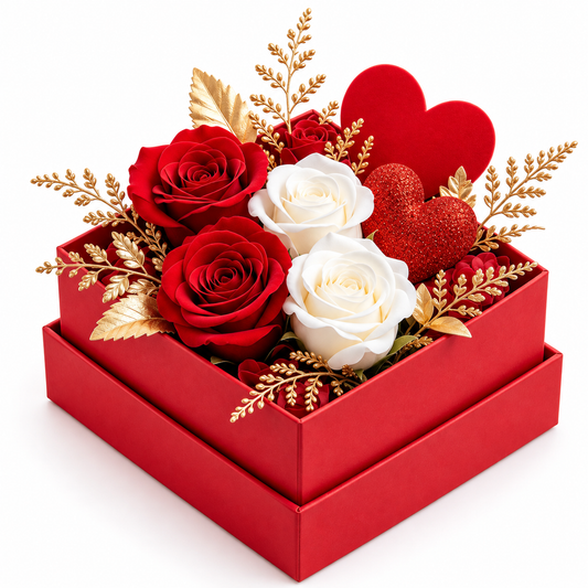 Carewellin Red & White Rose Heart Gift Box Tabletop Decor