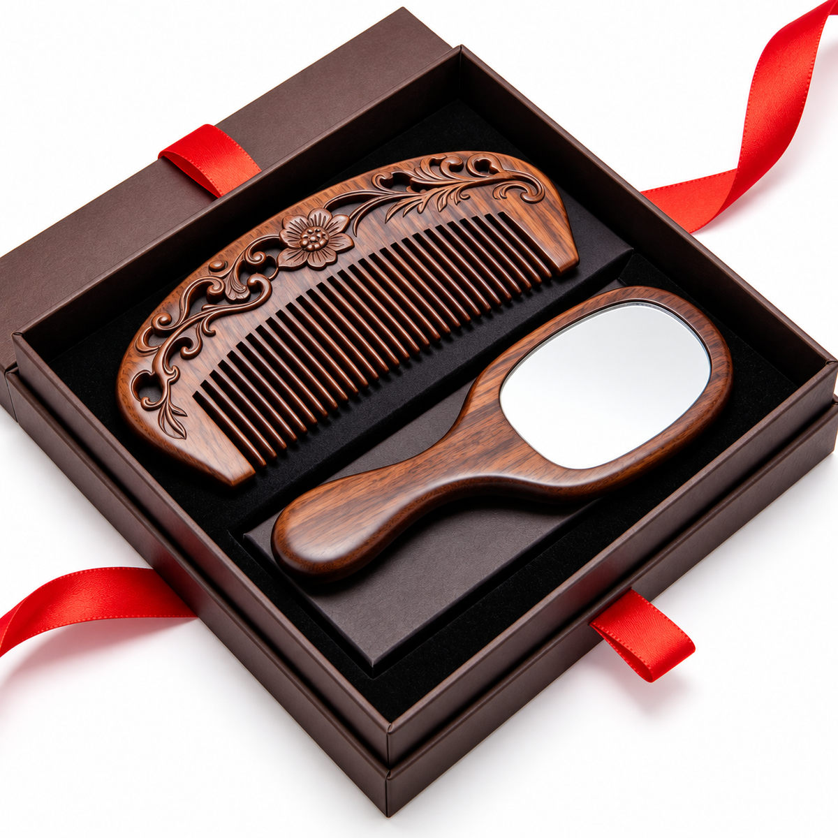 Carewellin Vintage Wooden Comb & Mirror Gift Set