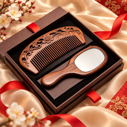 Carewellin Vintage Wooden Comb & Mirror Gift Set