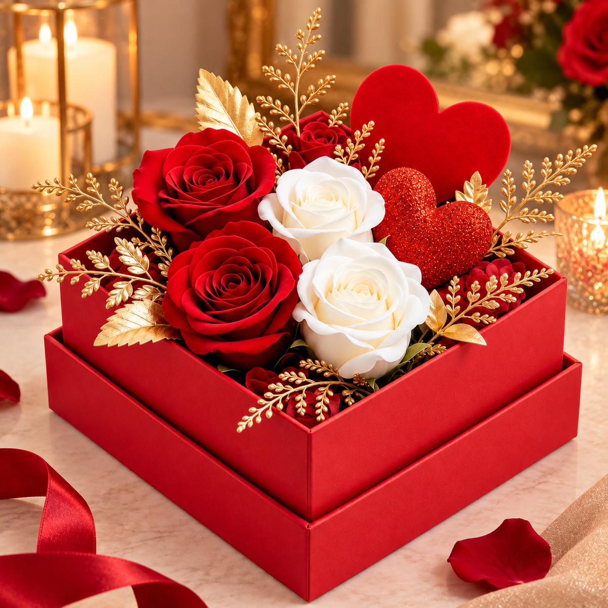 Carewellin Red & White Rose Heart Gift Box Tabletop Decor
