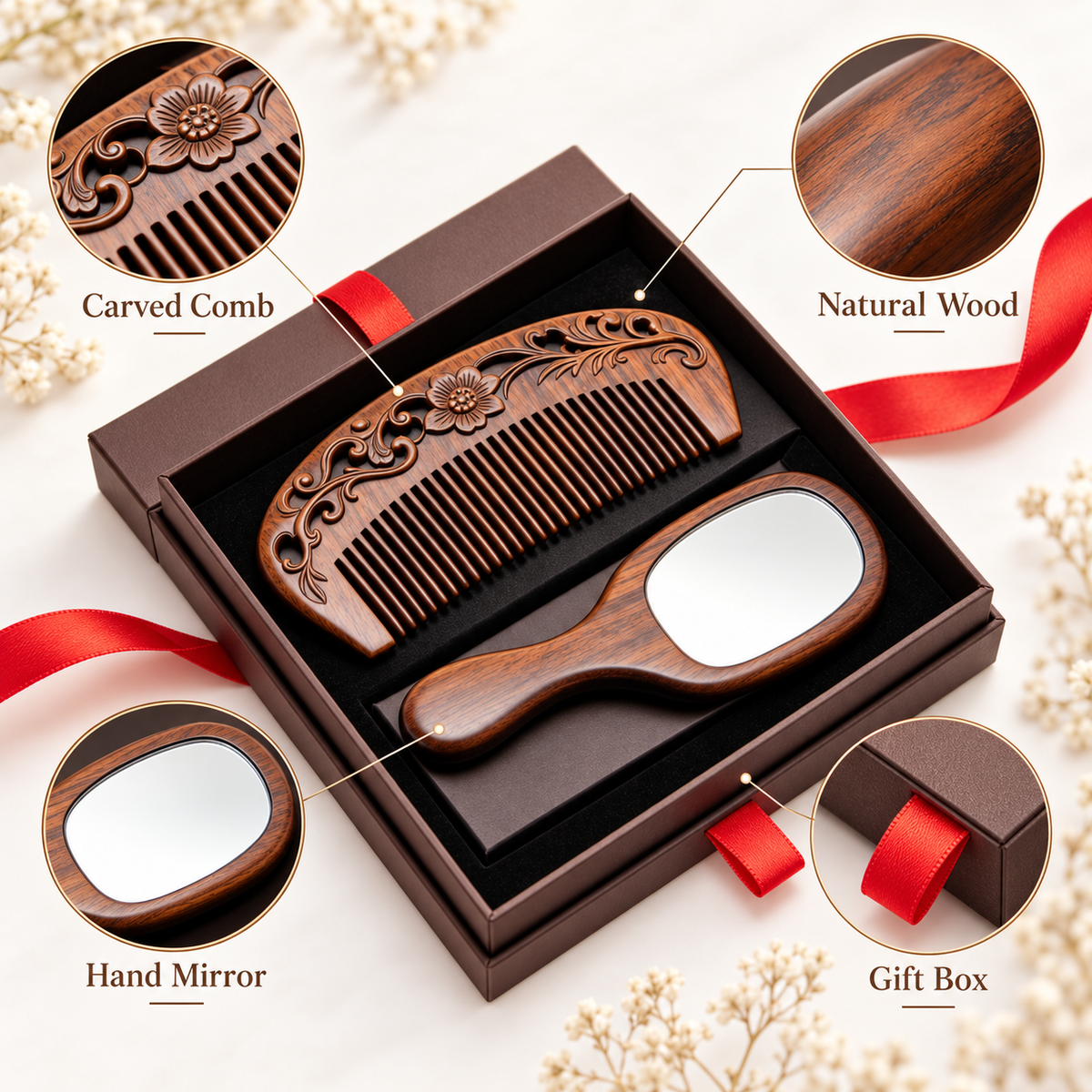 Carewellin Vintage Wooden Comb & Mirror Gift Set