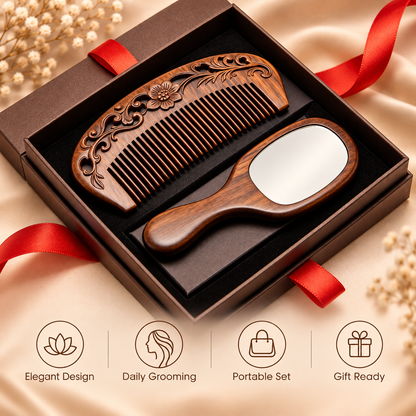 Carewellin Vintage Wooden Comb & Mirror Gift Set