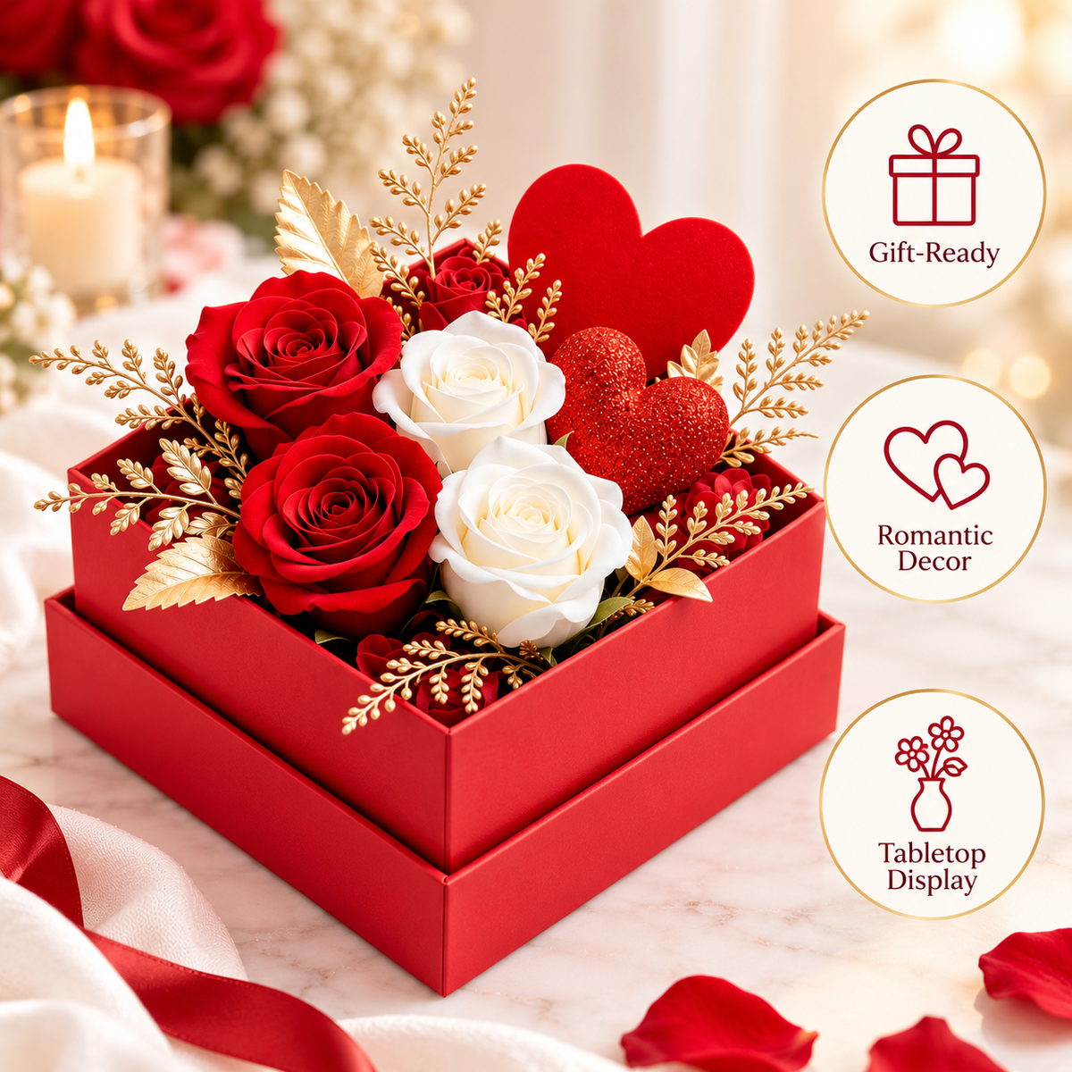 Carewellin Red & White Rose Heart Gift Box Tabletop Decor